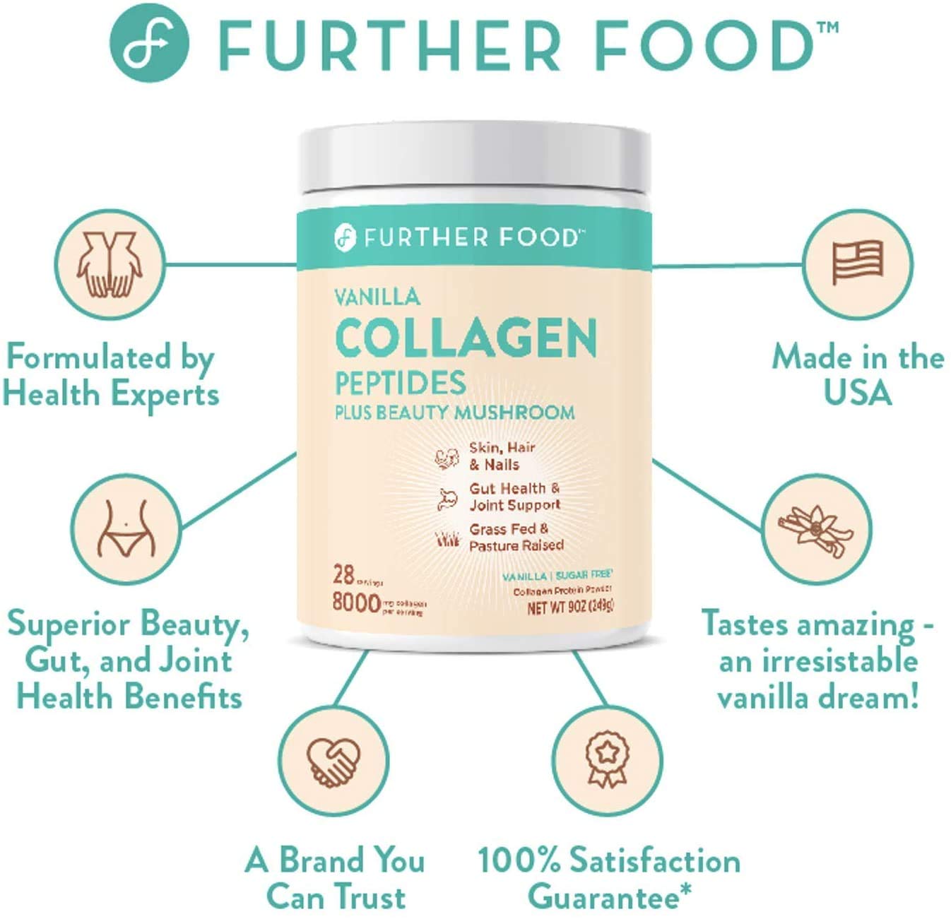 Vanilla Collagen Peptides Powder Supplement Plus Tremella Mushroom - Grass Fed Pasture-Raised Type 1 & 3 Premium Collagen, 56 Servings