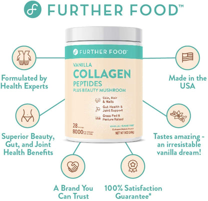 Vanilla Collagen Peptides Powder Supplement Plus Tremella Mushroom - Grass Fed Pasture-Raised Type 1 & 3 Premium Collagen, 56 Servings
