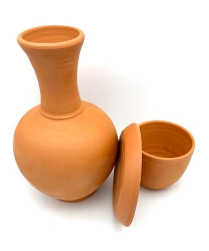 Gitty Mud Jugs with Mug and Platter, Earthen Water Carafe Set, Pottery Jar for Drinking Water, 76 oz