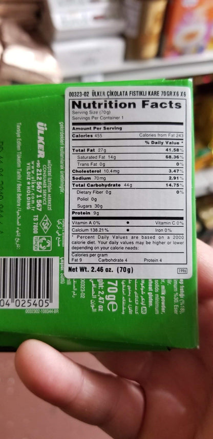 Ulker Turkish Milk Chocolate with Pistachio (Sutlu Fistikli Cikolata) 6 x 70 Gr