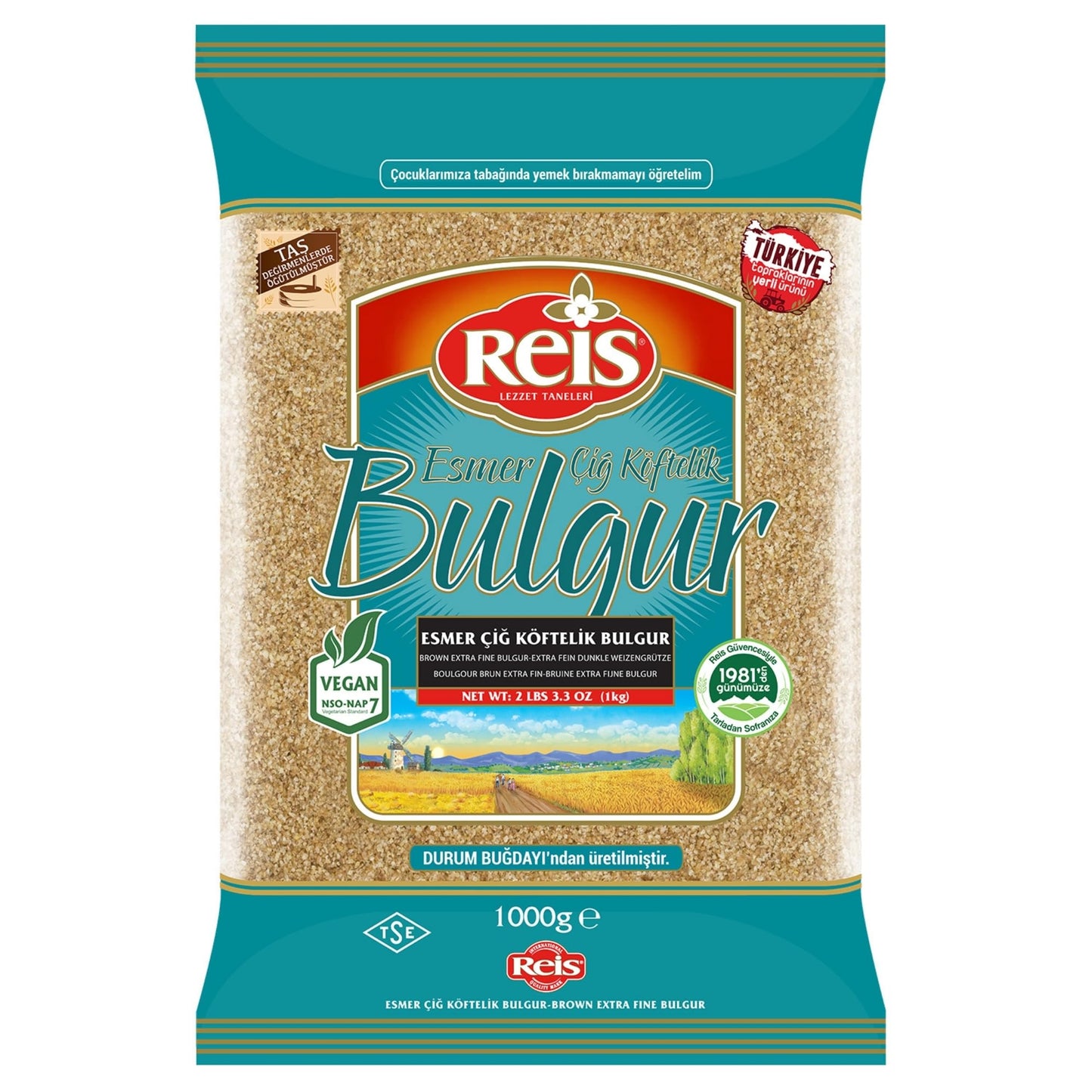 Reis Brown Extra Fine Bulgur, Wheat Berries, Bulgur Wheat for Salads & Tabouleh, Turkish Grocery Foods, High Fiber & Protein Cereal, Whole Grain Bag, Non-GMO, Vegan, Halal, 2.2 Lb (1000g)