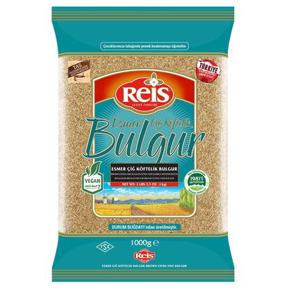 Reis Brown Extra Fine Bulgur, Wheat Berries, Bulgur Wheat for Salads & Tabouleh, Turkish Grocery Foods, High Fiber & Protein Cereal, Whole Grain Bag, Non-GMO, Vegan, Halal, 2.2 Lb (1000g)