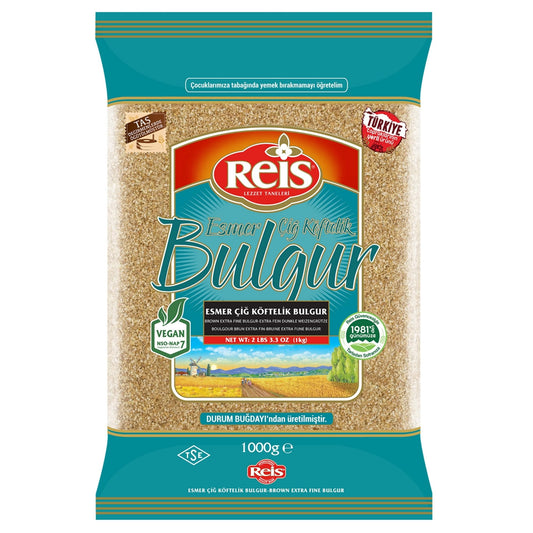 Reis Brown Extra Fine Bulgur, Wheat Berries, Bulgur Wheat for Salads & Tabouleh, Turkish Grocery Foods, High Fiber & Protein Cereal, Whole Grain Bag, Non-GMO, Vegan, Halal, 2.2 Lb (1000g)