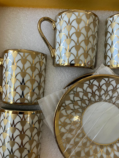 Nour Bone China Coffee Cup & Saucer Style N 6 Cups & 6 Saucer Turkish Greek Coffee, Espress, Porcelain, Coffee Set, Stylish