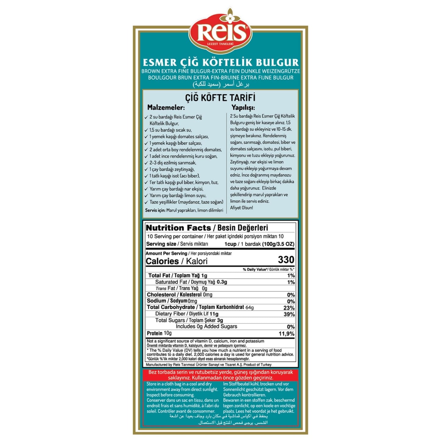 Reis Brown Extra Fine Bulgur, Wheat Berries, Bulgur Wheat for Salads & Tabouleh, Turkish Grocery Foods, High Fiber & Protein Cereal, Whole Grain Bag, Non-GMO, Vegan, Halal, 2.2 Lb (1000g)