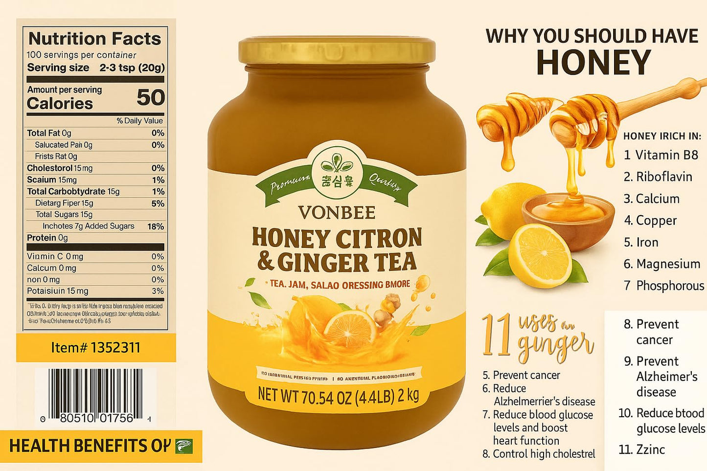 VONBEE HONEY CITRON & GINGER TEA 4.4 Lb Two Pack