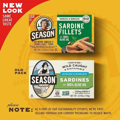 Season Sardines Skinless Boneless in 100% Olive Oil, Pack of 6, Wild-Caught, Rich in Omega-3, Ready-to-Eat, 4.375 oz Cans, High Protein, Keto Friendly Seafood