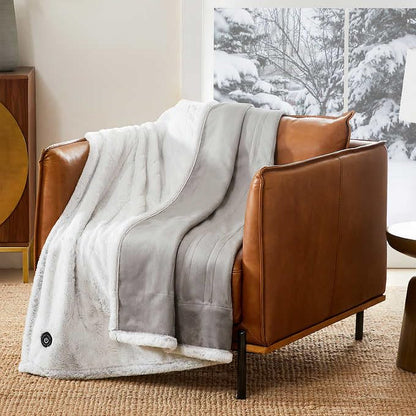 Berkshire Life Heated Throw - 50 in X 60 in Electric Blanket - EZ Touch Button - 4 Heat Settings - Machine Washable - Extra Long Cord - Reversable White Luxe Faux Fur to Color - Grey