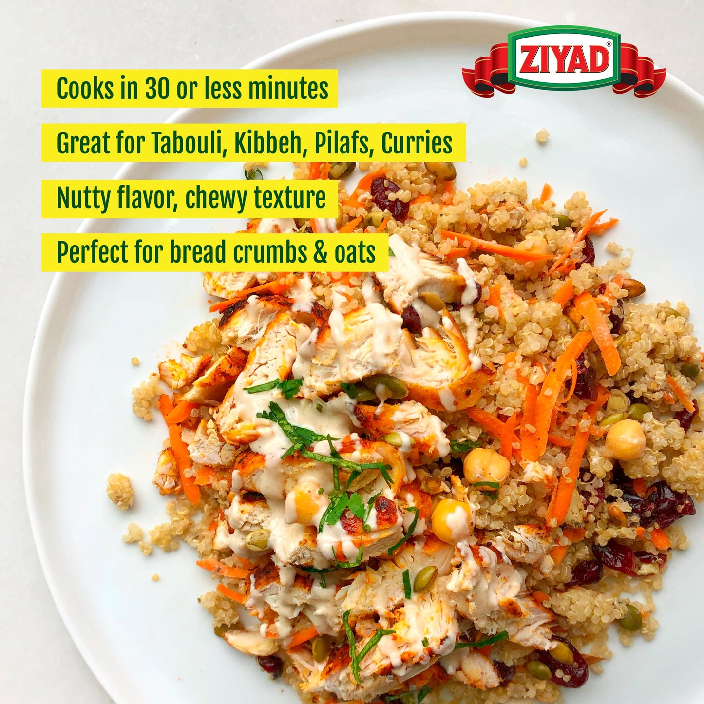 Ziyad Cracked Wheat Bulgur – Fiber-Rich Whole Grain, Nutty Flavor & Chewy Texture – Ideal for Tabbouleh, Kibbeh, Curries, Soups & Salads – Easy 30-Minute Prep, Vegan