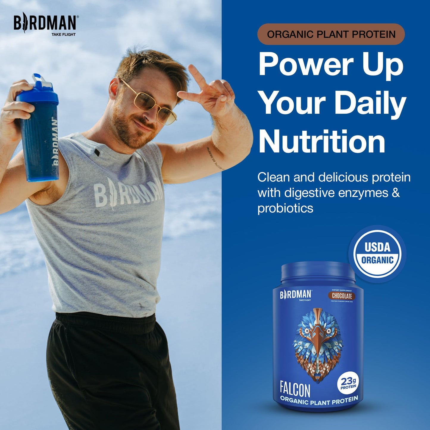 BIRDMAN Falcon Vegan Protein Powder Organic, Stevia & Sugar Free, Plant Based Protein, Low Carb, Dairy Free, Keto, Non Whey Protein, Probiotic, Pea Protein | Vanilla Flavor