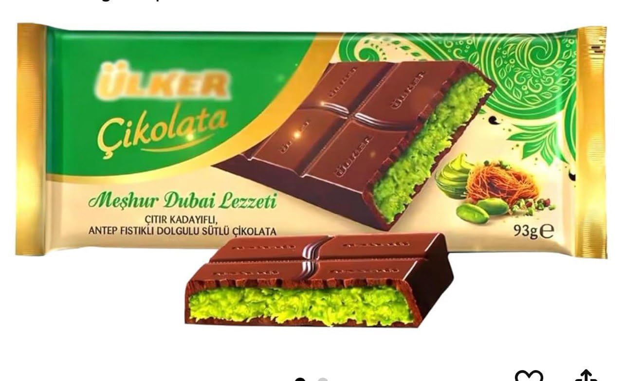 Ulker Cikolata Dubai Chocolate Bar with Kadayif and Pistachio Filling, 93g, Pack of 2