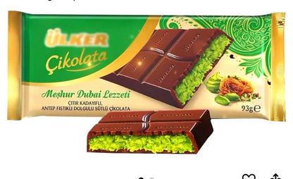 Ulker Cikolata Dubai Chocolate Bar with Kadayif and Pistachio Filling, 93g, Pack of 2